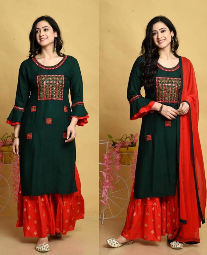 Stunning Rayon Embroidered Mirror Work Kurta with Sharara And Dupatta Set For Women