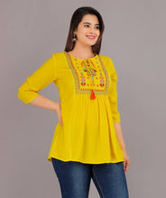 Load image into Gallery viewer, Alluring Yellow Rayon Embroidered Short Kurta For Women