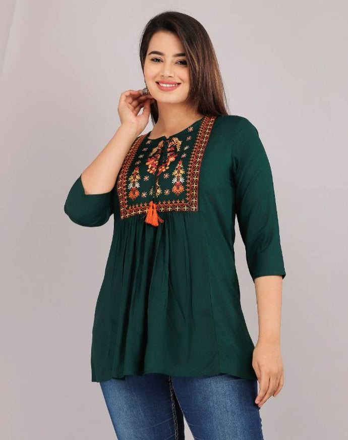 Alluring Green Rayon Embroidered Short Kurta For Women