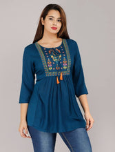 Load image into Gallery viewer, Alluring Blue Rayon Embroidered Short Kurta For Women