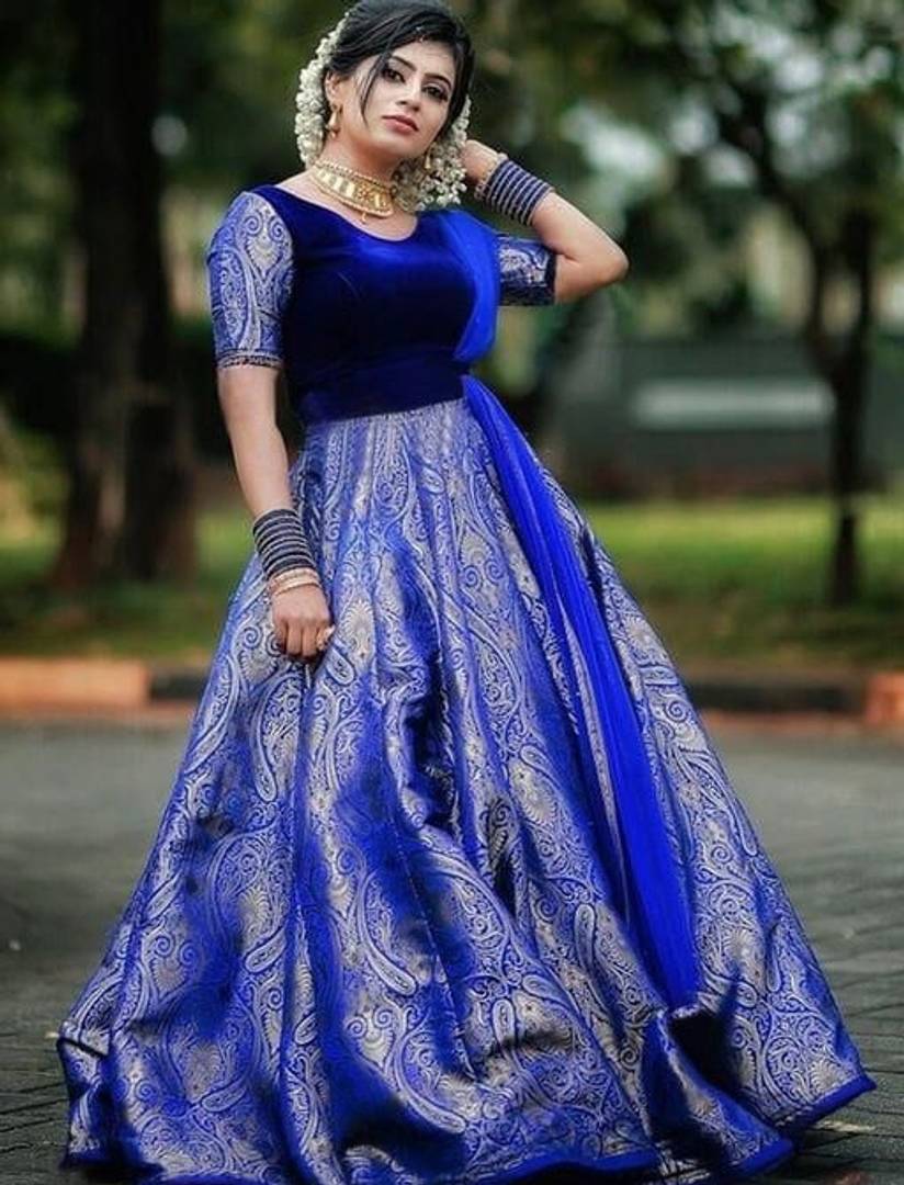 Buy Stylish Fancy Banarasi Silk Short Sleeve Ethnic Gowns With Dupatta Set  For Women Online In India At Discounted Prices