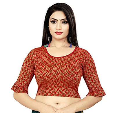 HIMALAY Women's Round Neck Geometric Print Maroon Color Half Sleeve Fully Stitched Ready to Wear Saree Blouse.