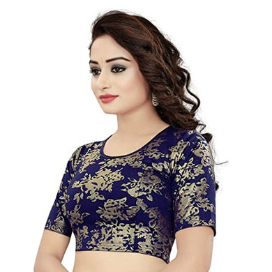 HIMALAY Women's Round Neck Self Design Black Color Half Sleeve Fully Stitched Ready to Wear Saree Blouse.