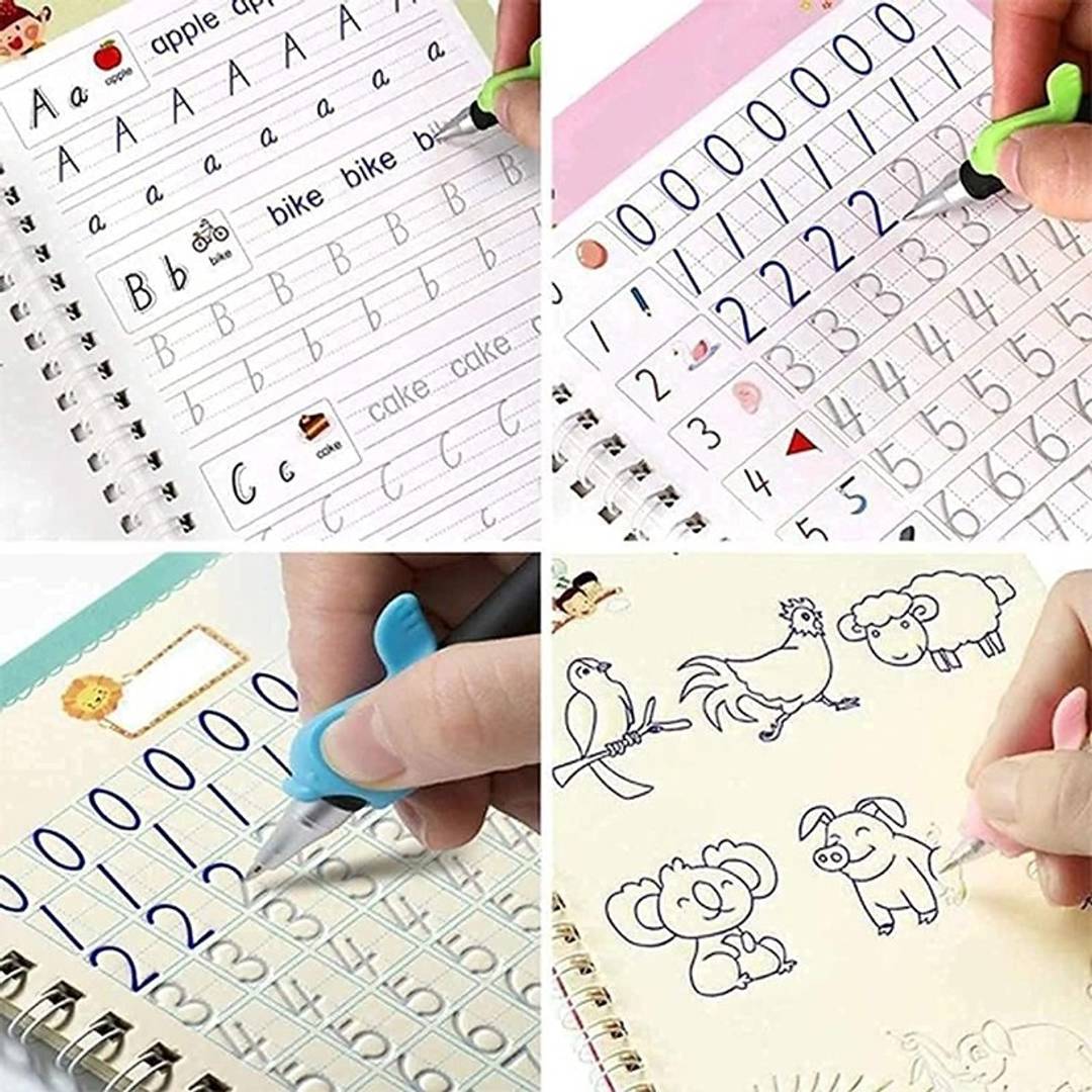 MEGAWHEELS Magic Practice Copybook, 4 Book, 10 Refill, 1 Pen, 1 Grip, Number Tracing Book With Pen, Magic Calligraphy Copybook Set Hand Lettering Practical Reusable Writing Tool For Preschoolers