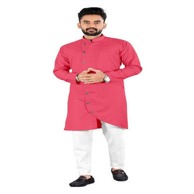 Stylish Pink Cotton Solid Kurta with Cotton Craft Pajama Set For Men