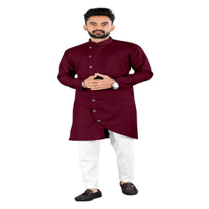 Stylish Maroon Cotton Solid Kurta with Cotton Craft Pajama Set For Men