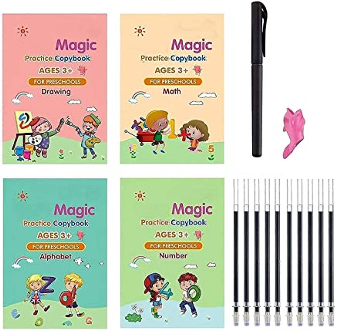 Magic Practice Copybook, 4 Book, 8 Refill, Pen, 1 Grip, Number Tracing Book With Pen, Magic Calligraphy Copybook Set Hand Lettering Practical Reusable Writing Tool For Preschoolers