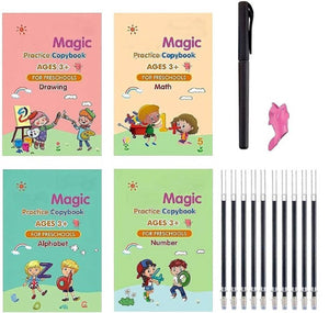 Magic Practice Copybook (Size 26 x 18cm ), Number Tracing Book for Preschoolers with Pen, Magic Calligraphy Copybook Set Practical Reusable Writing Tool (LARGE A4 SIZE 4 BOOK + 10 REFILL)