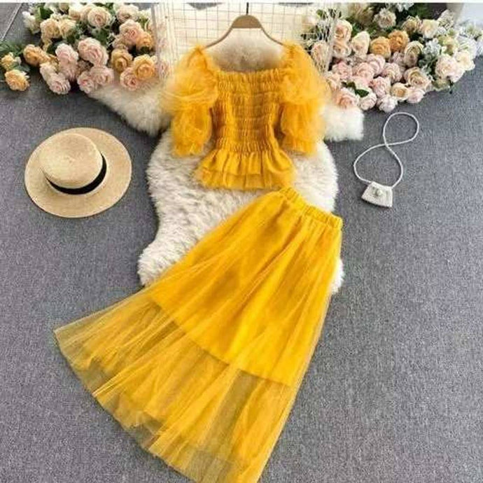 Stylish Net Solid Top Skirt Set For Women