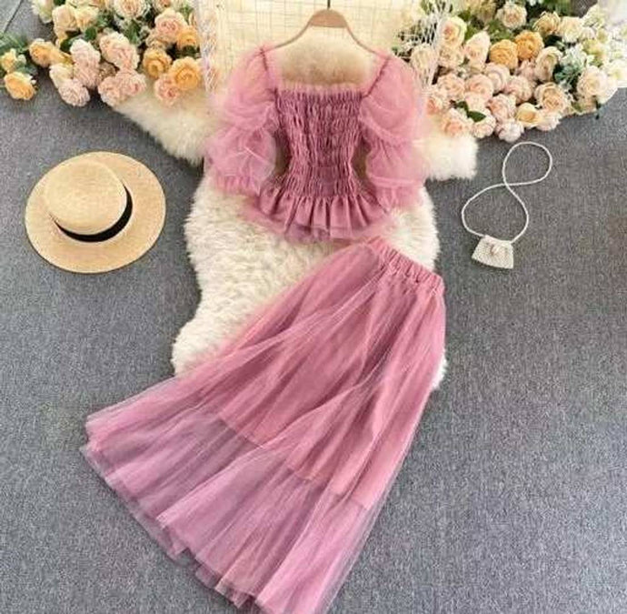 Stylish Net Solid Top Skirt Set For Women