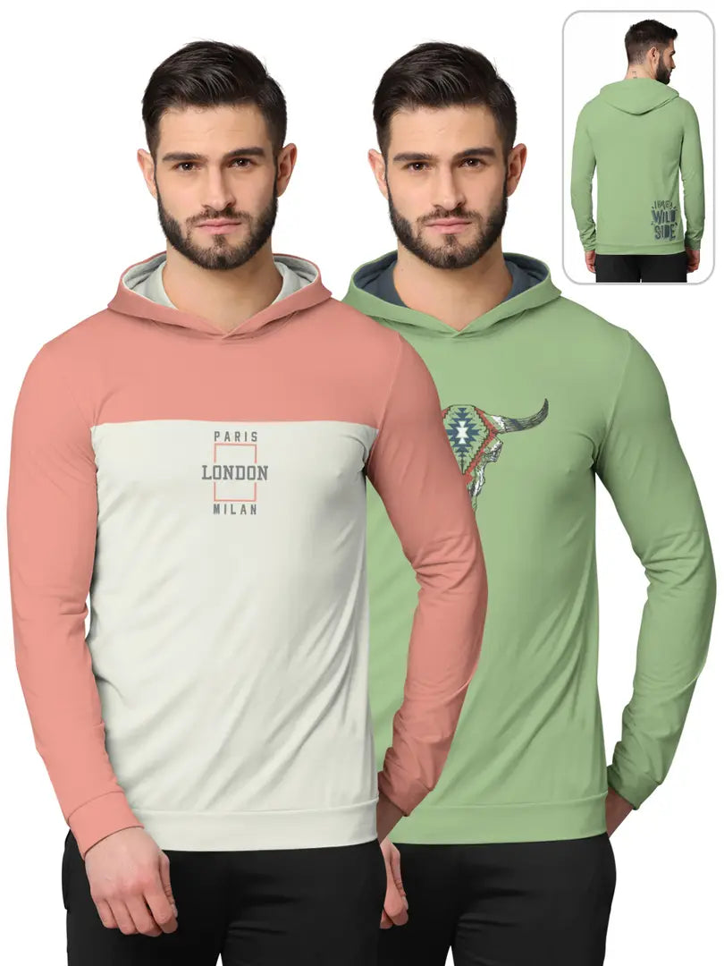 Stylish Fancy Cotton Blend Hood Long Sleeves Printed Sweatshirts Combo For Men Pack Of 2