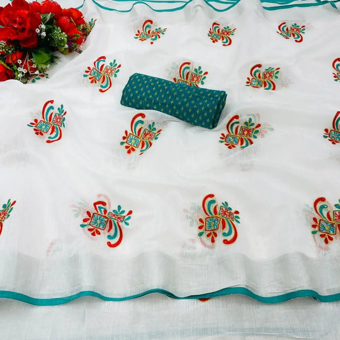 Cotton Blend Embroidery Saree with Blouse Piece