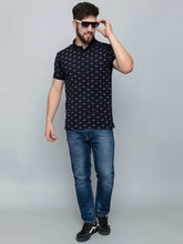 Load image into Gallery viewer, Ekom Men Regular Fit Polo Tshirt | Cotton Matty Half Sleeve All Over Printed T-Shirt - Navy