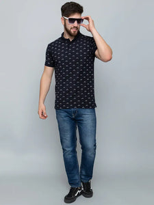 Ekom Men Regular Fit Polo Tshirt | Cotton Matty Half Sleeve All Over Printed T-Shirt - Navy