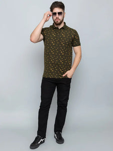 Ekom Men Regular Fit Polo Tshirt | Cotton Matty Polo Neck All Over Printed T-Shirt | Polo Tshirt for Men - Olive