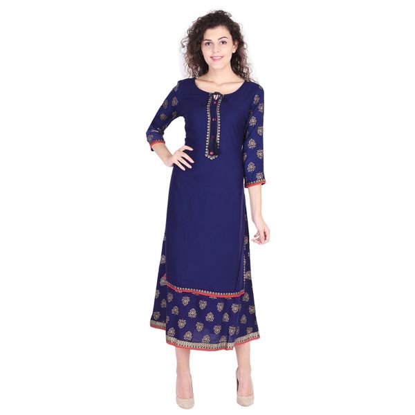 Women's Rayon Printed Double Layered Blue Kurti - SVB Ventures 