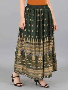 Elite Green Rayon Gold Print Skirt For Women