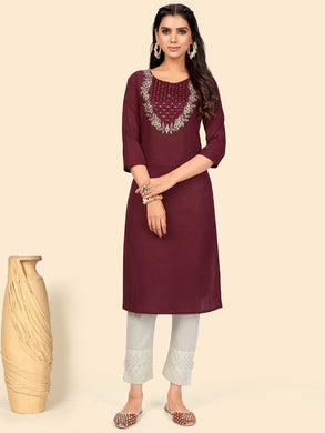 Vbuyz Women's Embroidered & Mirror Straight Cotton Maroon Stitched Kurta