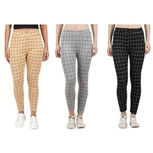 Load image into Gallery viewer, Naughty Little? Womens Checkered Pattern Ankle Length Tights Multicolour Combo (Pack of 3) Free Size (best Fit to the Hip Size 28 inch to 34 inch)