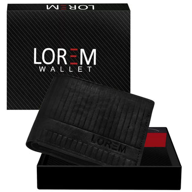 LOREM Black 3D Emboss Line Bi-Fold Faux Leather 3 ATM Card Slots Wallet For Men