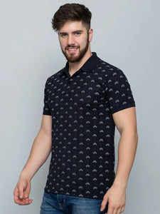 Ekom Men Regular Fit Polo Tshirt | Cotton Matty Half Sleeve All Over Printed T-Shirt - Navy