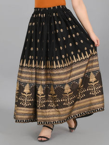 Elite Black Rayon Gold Print Skirt For Women