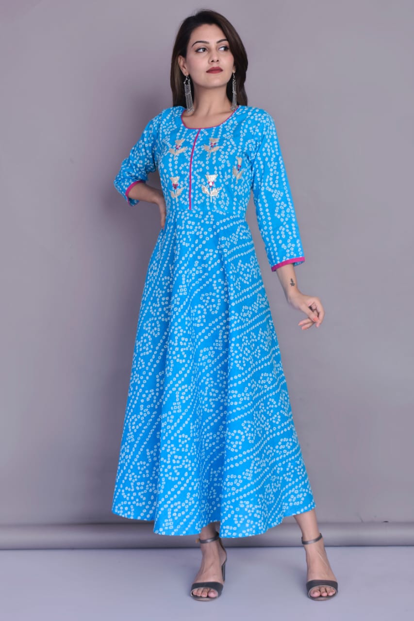Cotton Bandhej print flared hem kurti in blue - SVB Ventures 