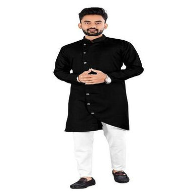 Stylish Black Cotton Solid Kurta with Cotton Craft Pajama Set For Men