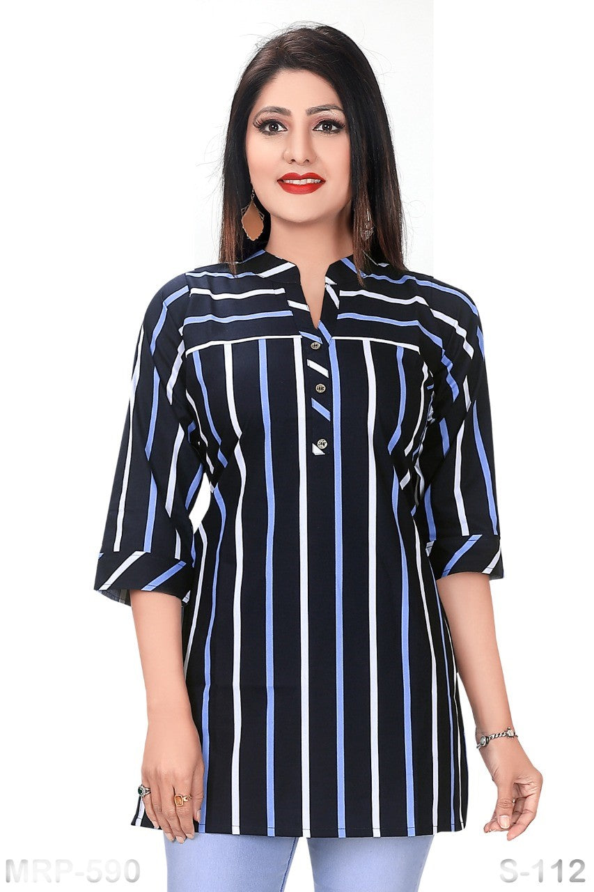 Blue with white strips  Cotton Tops S-112 can glamup any where and standout  Fabric:Cotton Color : Blue with white strip Style : Office use, General use in function , brithday and wedding etc.  Bust size: 40,42,44,48   This Blue with white strips Cotton Tops S-112 is made with high-quality cotton, providing superior comfort and durability. The blue and white striped design adds a classic touch to any outfit. Perfect for everyday wear, this top is a must-have addition to your wardrobe.