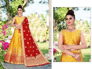 Stylish Brocade Lehenga With Choli And Banarasi Silk Dupatta Set