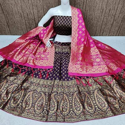 Stylish Brocade Lehenga With Choli And Banarasi Silk Dupatta Set
