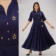 Load image into Gallery viewer, Long Gown kurti in Rayon with hand embroidery, dori belt with tassel elbow sleeve in 3 colors - SVB Ventures 