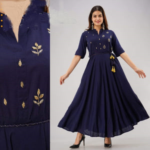 Long Gown kurti in Rayon with hand embroidery, dori belt with tassel elbow sleeve in 3 colors - SVB Ventures 