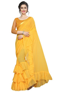 Designer Sarees triple ruffle  in Georgette with Blouse piece in net - SVB Ventures 