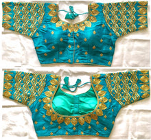 Load image into Gallery viewer, Phantom Silk Blouse hand , thread and Zari work -Sky Blue and Gold-No COD