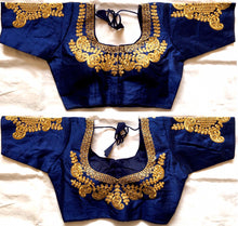 Load image into Gallery viewer, Phantom Silk Blouse hand , thread and Zari work -Sky Blue and Navy Blue-No COD