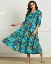 Load image into Gallery viewer, Long kurti in Premium Rayon Fabric with Multi Ethinic Print, Bell Sleeve and Dori a