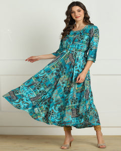 Long kurti in Premium Rayon Fabric with Multi Ethinic Print, Bell Sleeve and Dori a