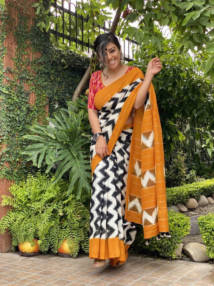 Butter Silk Sarees most unique silk attached blouse piece with Ikkat print