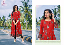 Load image into Gallery viewer, Poonam Designer &quot;Akshara&quot; Kurti in Rayon with center cut foil print