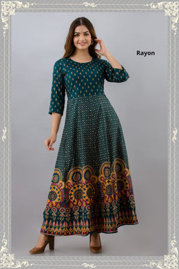 Long Gown Green with deisgn in rayon 1088