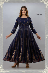 Long Gown Navy Blue printed design Rayon 1079