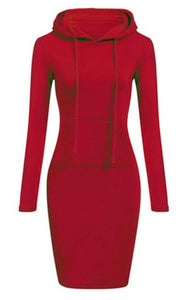 Women Solid Polycotton Red Hooded Front Pocket Dress