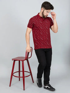 Ekom Men Regular Fit Polo Tshirt | Cotton Matty Polo Neck All Over Printed T-Shirt | Polo Tshirt for Men - Maroon