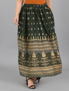 Elite Green Rayon Gold Print Skirt For Women