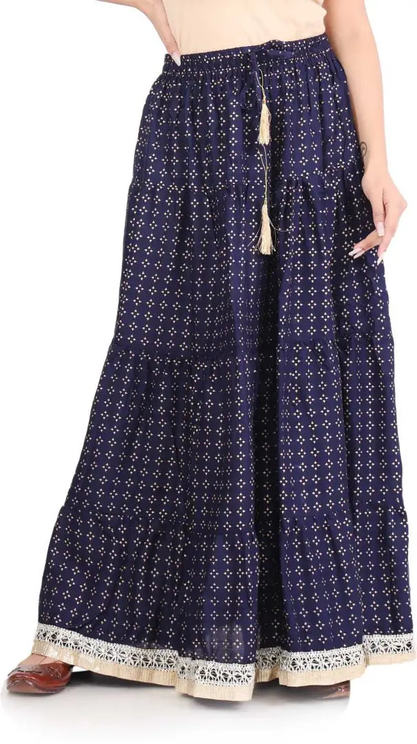 Elegant Dark Blue Rayon Printed Flared Skirts For Women