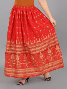 Elite Red Rayon Gold Print Skirt For Women