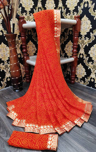 Stylish Orange Georgette Printed Saree with Blouse piece