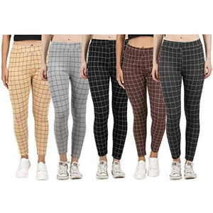 Naughty Little? Womens Checkered Pattern Ankle Length Tights Multicolour Combo (Pack of 5) Free Size (best Fit to the Hip Size 28 inch to 34 inch)