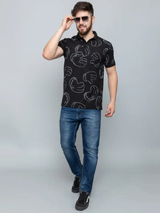 Ekom Men Regular Fit Polo Tshirt | Cotton Matty Funky  Punchy Hands Printed Polo T-Shirt For Men - Black